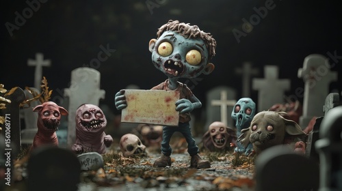 Wallpaper Mural A cartoon zombie child holds a sign surrounded by grotesque creatures Torontodigital.ca