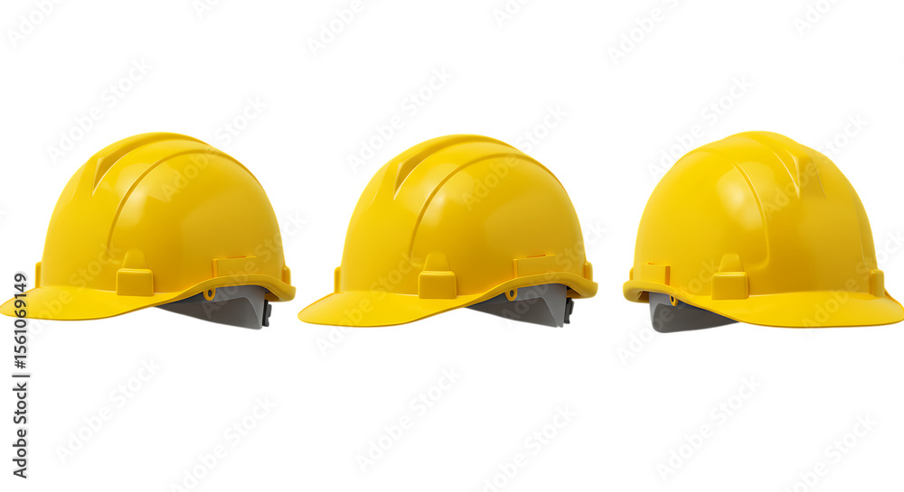 Fototapeta premium Three yellow hard hats safety helmets isolated on white background