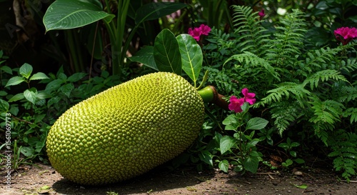Fresh green jackfruit resting on the ground surrounded by lush foliage and vibrant flowers in a sunlit tropical garden