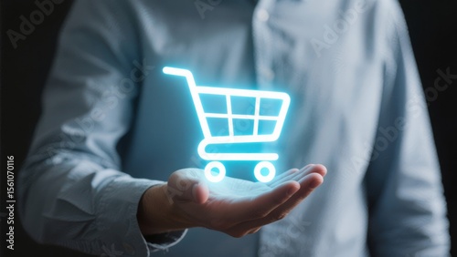Glowing Shopping Cart Icon in Hand: E-commerce, Online Shopping, Digital Retail, Business Technology, Futuristic Concept