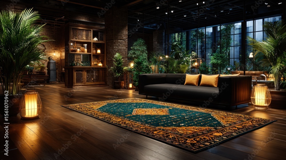 Fototapeta premium Dark, lush interior with a rug
