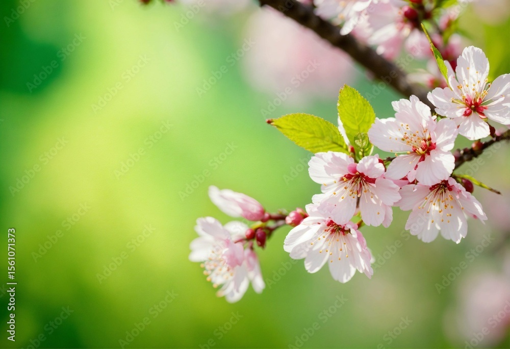 Obraz premium Delicate Pink Cherry Blossoms Bloom on a Branch with a Soft Green Background