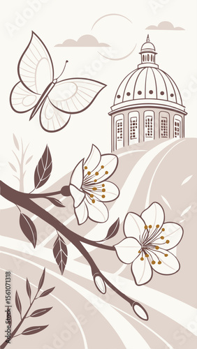 Delicate illustration featuring a butterfly blossom and architectural elements transparent design