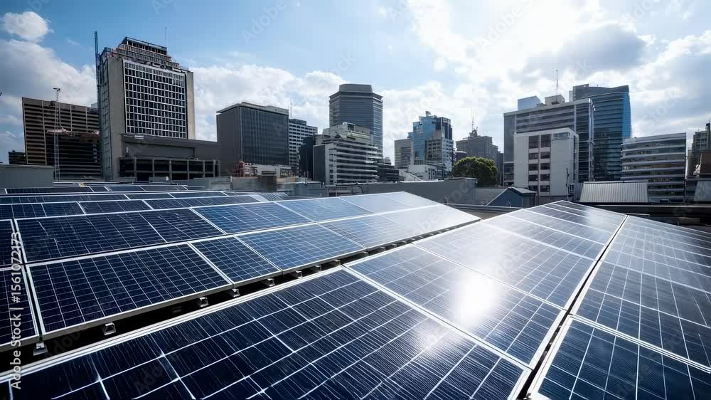 Closeup of a group of solar panels on a rooftop, highlighting the solution of incorporating renewable energy sources in urban planning to reduce carbon footprint.