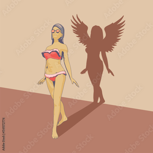 Illustration of a beautiful fashion model posing in a stylish swimsuit. Young attractive woman in bikini and her fantasy shadow as woman angel with huge bird wings.