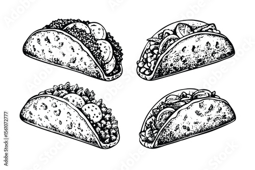 Tacos Vector Engraving Set. Detailed Monochrome Mexican Food Illustrations. Vintage Stipple & Hatching Style