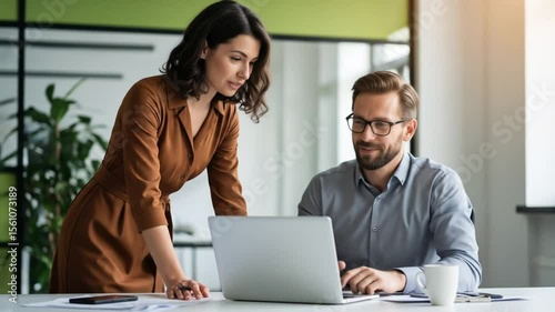 Smiling Colleagues Discussing Project on Laptop in Modern Office