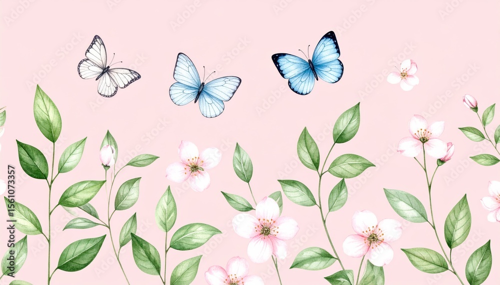 Fototapeta premium Seamless vector pattern of colorful flying butterflies and pink flowers, ideal for a spring or summer nature-themed design