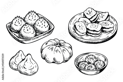 Dim Sum & Dumplings Vector Engraving Set. Detailed Monochrome Asian Food Illustrations. Vintage Stipple & Hatching Style