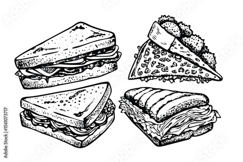 Sandwiches Vector Engraving Set. Detailed Monochrome Illustrations of Classic Lunch Food. Vintage Engraving Style
