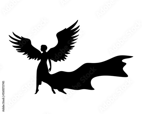 Fantasy woman angel with huge bird wings. Lady goddess in dress, fabric waving fluttering in motion