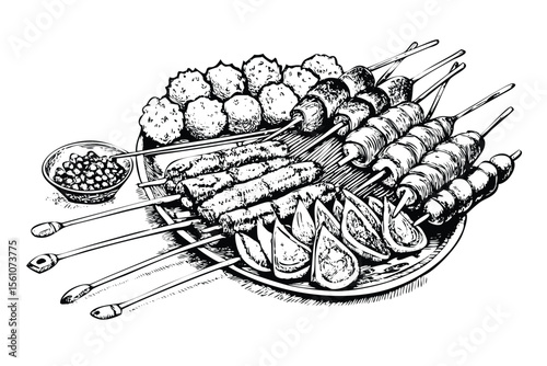 Indonesian Satay Vector Engraving Set. Detailed Monochrome Skewered Food Illustrations. Vintage Street Food Style