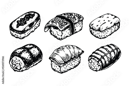 Sushi Vector Engraving Set. Detailed Monochrome Japanese Food Illustrations. Vintage Engraving Style