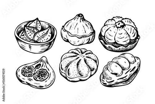 Dim Sum & Dumplings Vector Engraving Set. Detailed Monochrome Asian Food Illustrations. Vintage Stipple & Hatching Style
