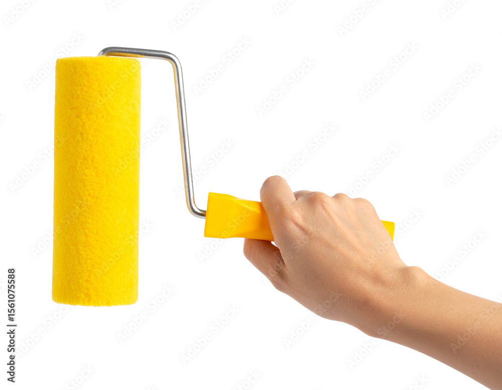 Obraz premium Hand painting using a yellow roller brush isolated on a transparent or white background