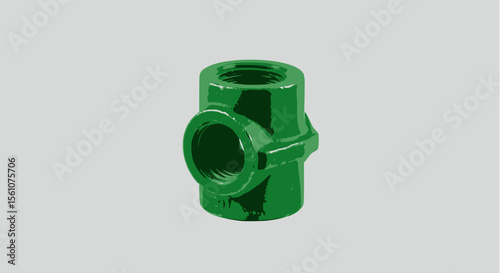 Green metal threaded tee pipe fitting on a white background.