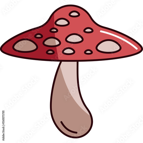 Cartoon Red Mushroom with Beige Dots in Flat Line Style
