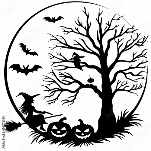 Halloween vector illustration with spooky pumpkins bats and moon in a dark night background