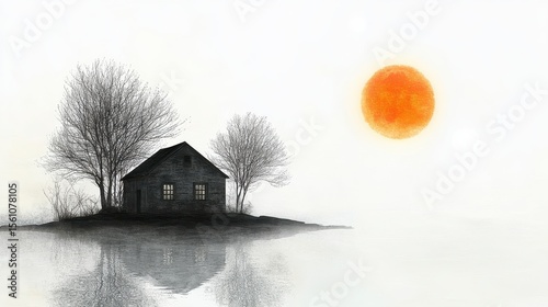 Spooky House in Fog with Full Moon Over Isolated Landscape