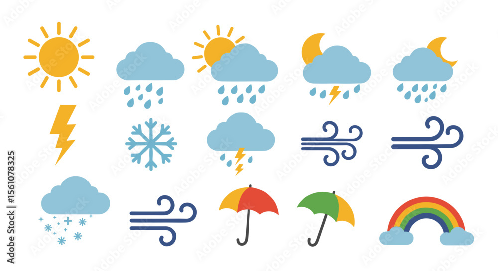 Obraz premium Illustration showing various weather conditions including sun, clouds, rain, wind and more