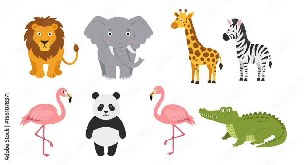 Obraz premium Illustration featuring a diverse group of animals including a lion elephant and giraffe