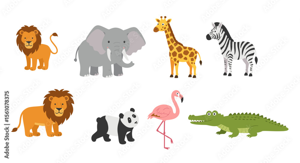 Obraz premium Cartoon illustration featuring a collection of diverse animals including lions and zebra