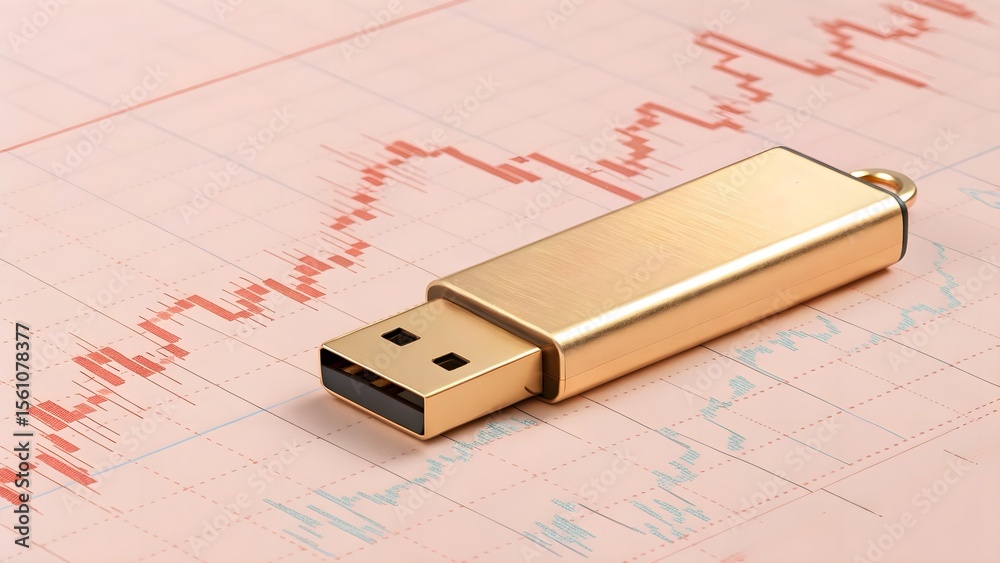 Fototapeta premium USB drive gleaming with floating stock charts over soft coral—sleek tech aesthetic for fintech or product promos.