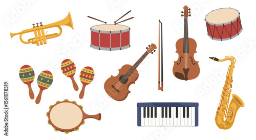 A collection of musical instruments including drums trumpet violin saxophone and keyboard displayed