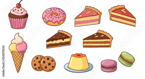 A colorful assortment of desserts including cake slices, cookies, and a cupcake item here