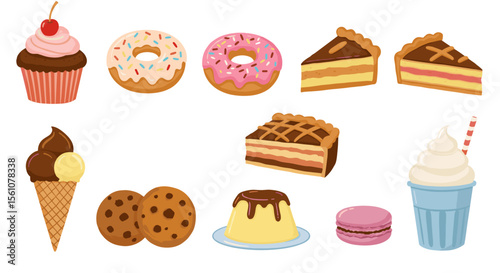 Illustration showing a variety of desserts including cake, donuts, and ice cream treats