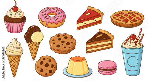 An assortment of desserts including cupcake donut pie ice cream and other sweet treats