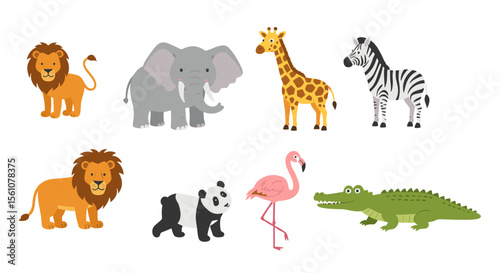 Cartoon illustration featuring a collection of diverse animals including lions and zebra