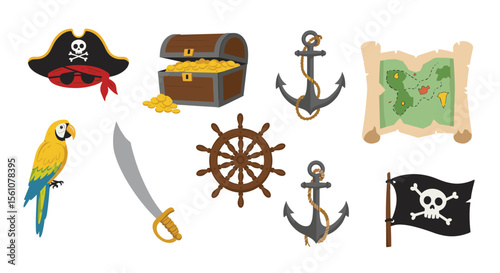Collection of pirate themed items including treasure chest parrot and pirate accessories