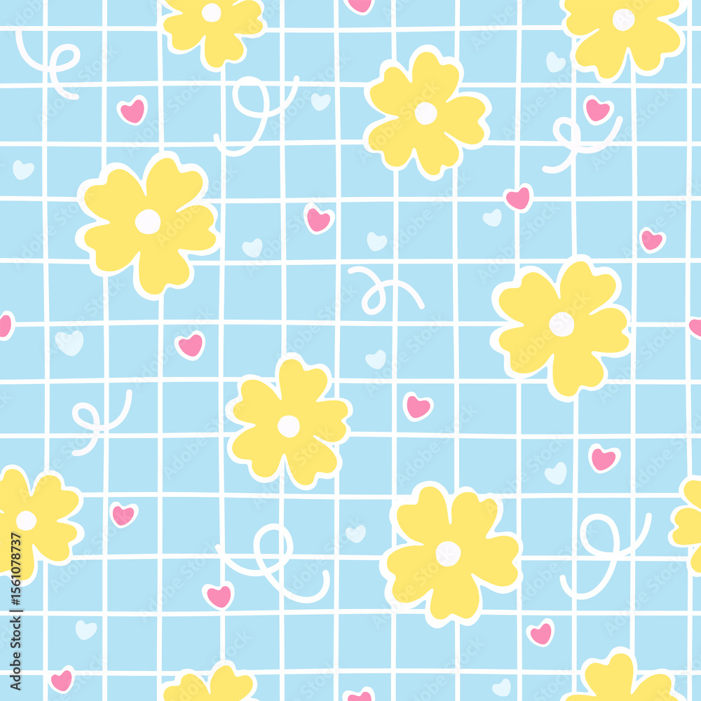 Seamless cute yellow floral pattern with blue grid and pink heart accents
