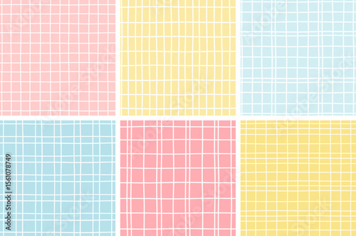 Pastel hand-drawn grid pattern collection in pink, yellow, and blue
