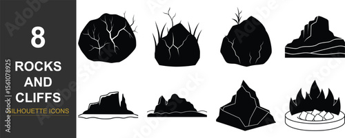Collection of eight diverse rock and cliff icons silhouette