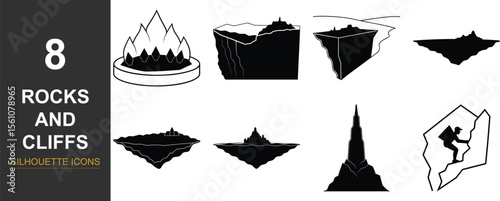 Collection of eight rock and cliff icons silhouette