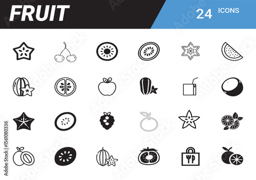 Assortment of Fresh Fruit Icons: A meticulously designed collection of fruit icons, showcasing a variety of fresh, delicious, and visually appealing options perfect for any design project.