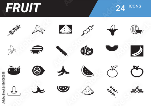 Fruit Icons: A clean assortment of vector fruit icons, set against a modern backdrop, represents a range of fresh and delicious produce in a minimalist style.