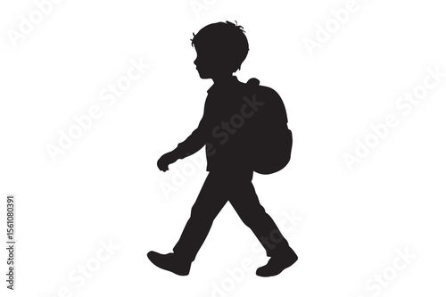 Silhouette of a Boy Walking with a Backpack Against a White Background Depicting Childhood Innocence