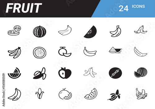Fruit Icons: A visually appealing set of 24 minimalist fruit icons, perfect for design projects and food-related themes. Representing different fresh produce.