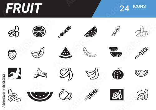 Fruit Icon Set: A visually appealing collection of 24 meticulously crafted, monochrome fruit icons, perfect for use in digital and print projects.