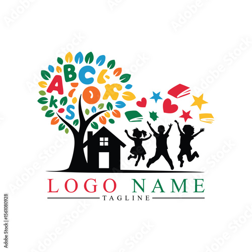 Colorful tree with children read book dream logo vector, Education/Children's Logo.