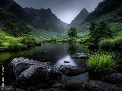 Serene mountain valley reflecting in a still pool