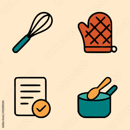 Vector illustration of kitchen utensils including whisk pot oven glove and recipe paper in flat style