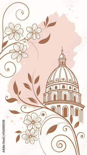 Elegant floral and architectural design with a dome suitable for decorative applications