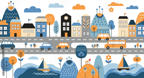A Colorful Pixelated Cityscape with Transportation and Nature Depicted in Flat Design