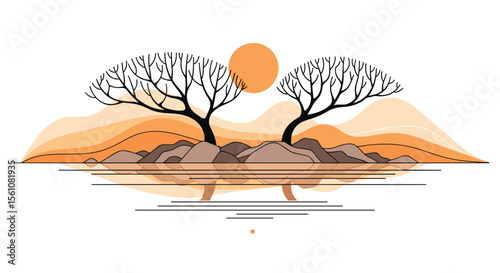 Two trees in mountain area reflecting in the water with warm light sun