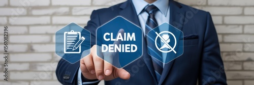 Businessman interacting with a claim denied interface.