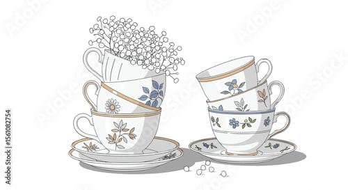 Elegant Stacks of Antique Tea Cups with Delicate Floral Designs and Soft Shadows